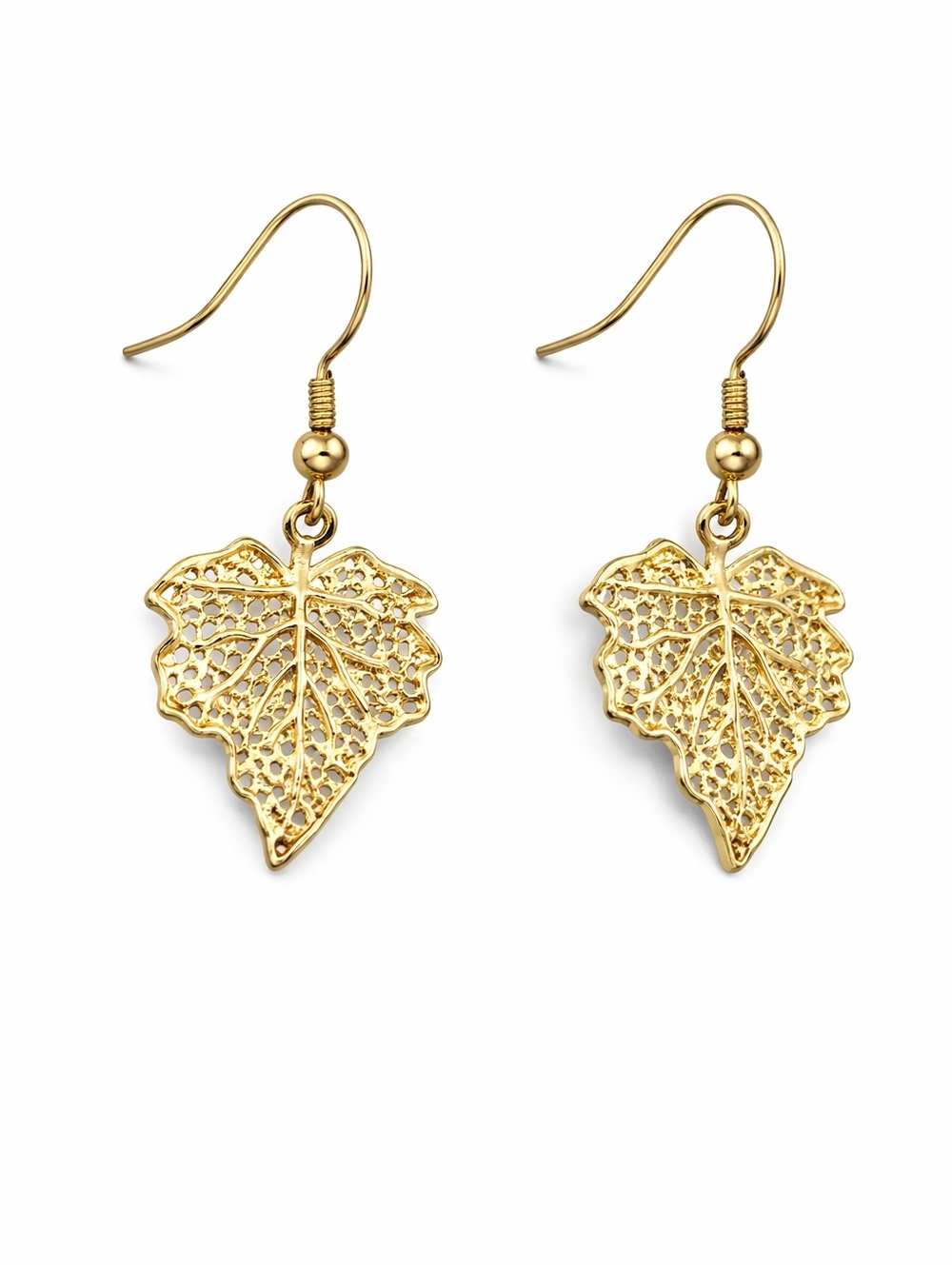 Gold Plated Leaf Dangle Earrings Filigree Drop Lightweight Boho Fall Jewelry